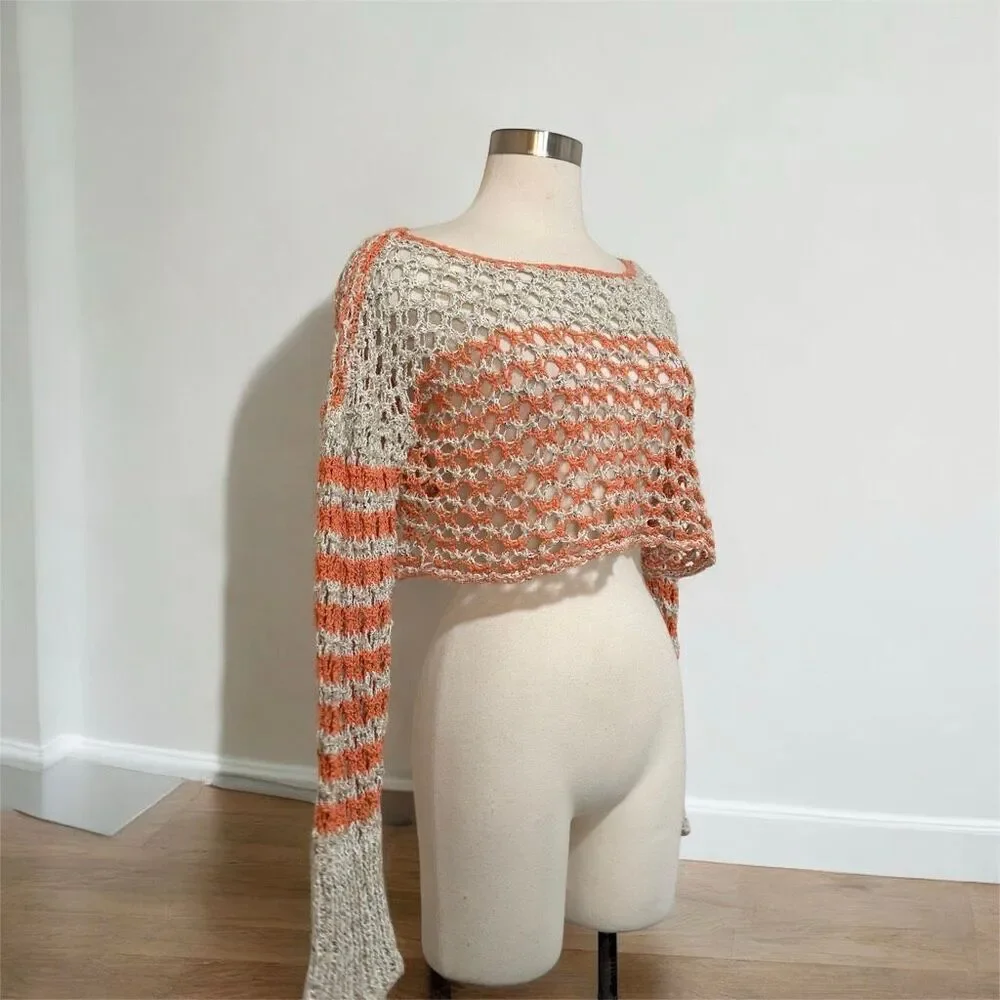 Free People Crochet Crop Top Blouse Small Mesh Bell Sleeve Woven Knit